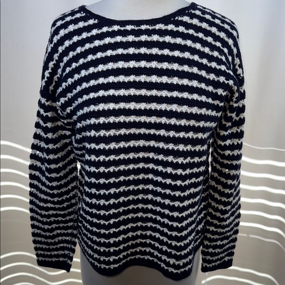Jones New York Navy Blue and White Striped Sweater, Small